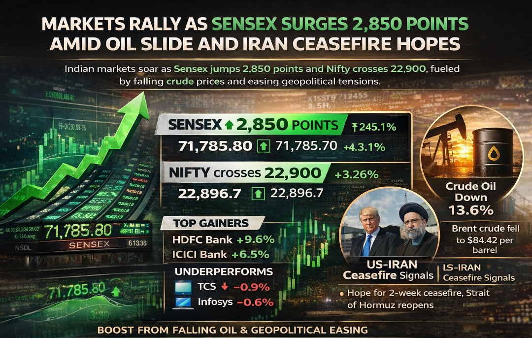 Markets Rally as Sensex Surges 2,850 Points Amid Oil Slide and Iran Ceasefire Hopes