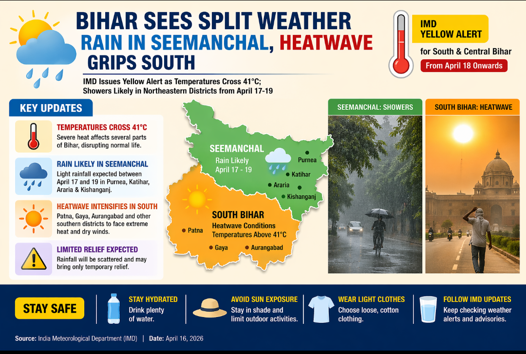 Bihar Faces Split Weather Pattern: Rain Likely in Seemanchal, Heatwave Alert in South
