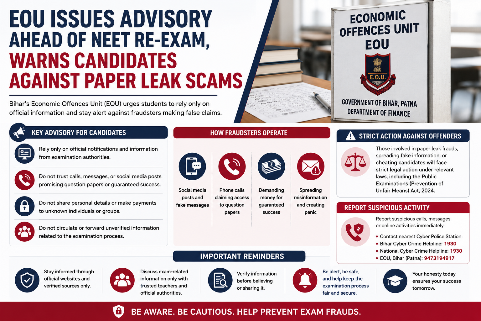 EOU Warns NEET Re-Exam Candidates Against Paper Leak Scams