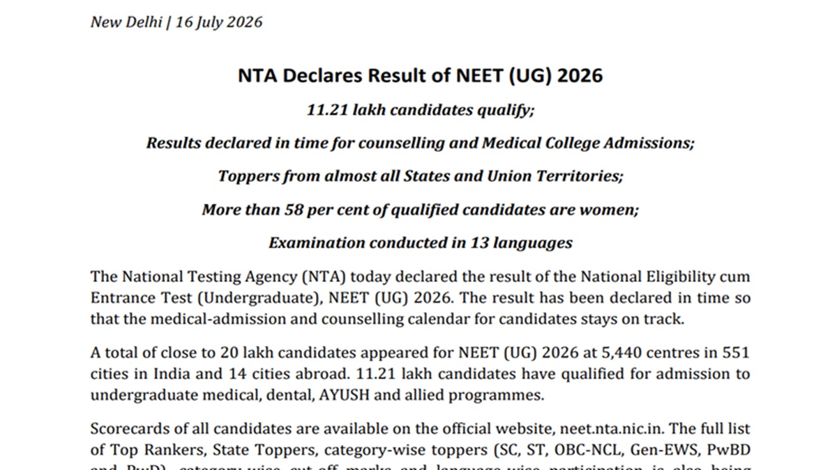 NEET UG 2026 Results Declared; Over 11.21 Lakh Candidates Qualify