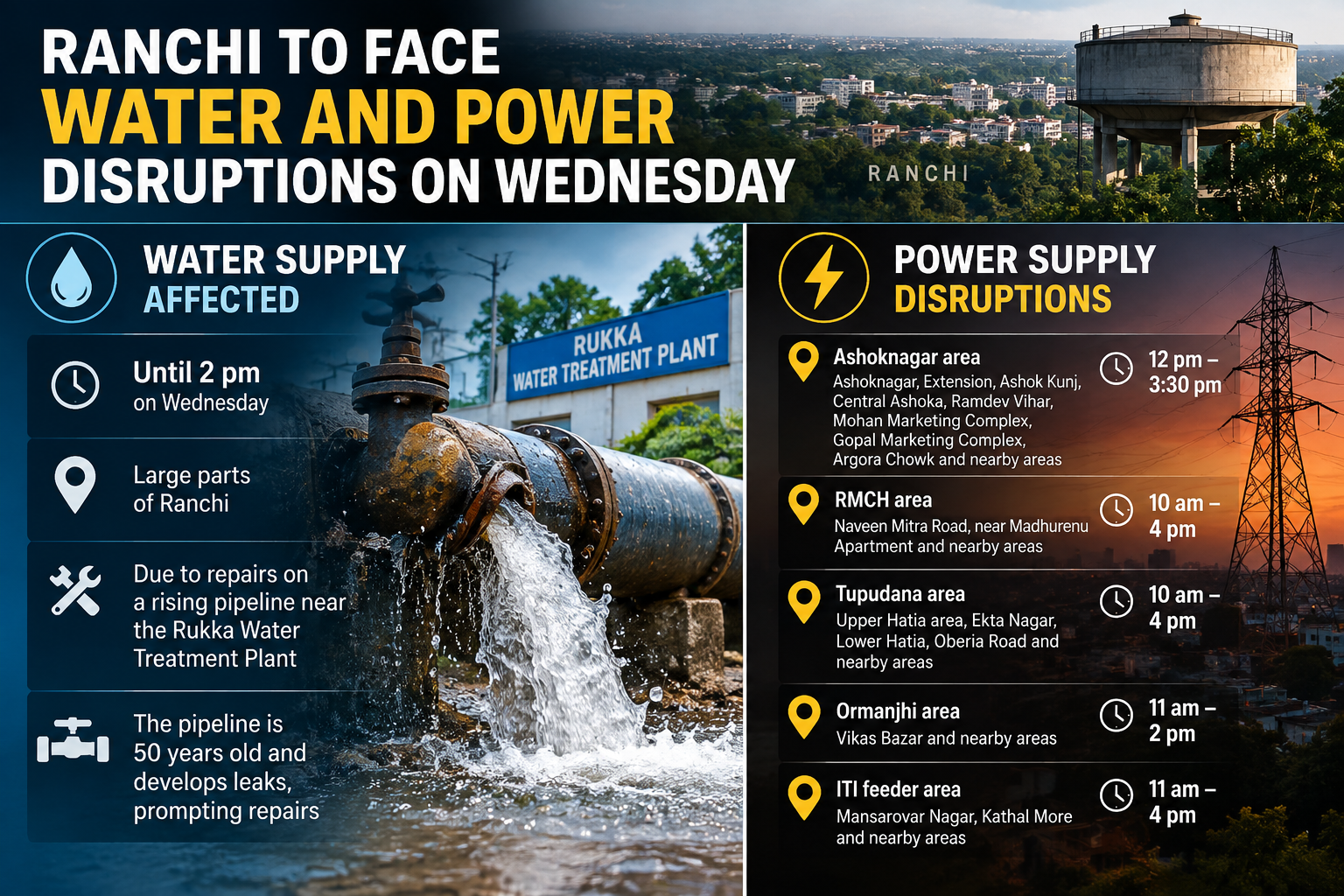 Ranchi to Face Water, Power Disruptions on Wednesday